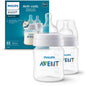 Three Philips AVENT baby bottles with clear silicone collars in the foreground, with the blue retail box behind them on a white studio background.